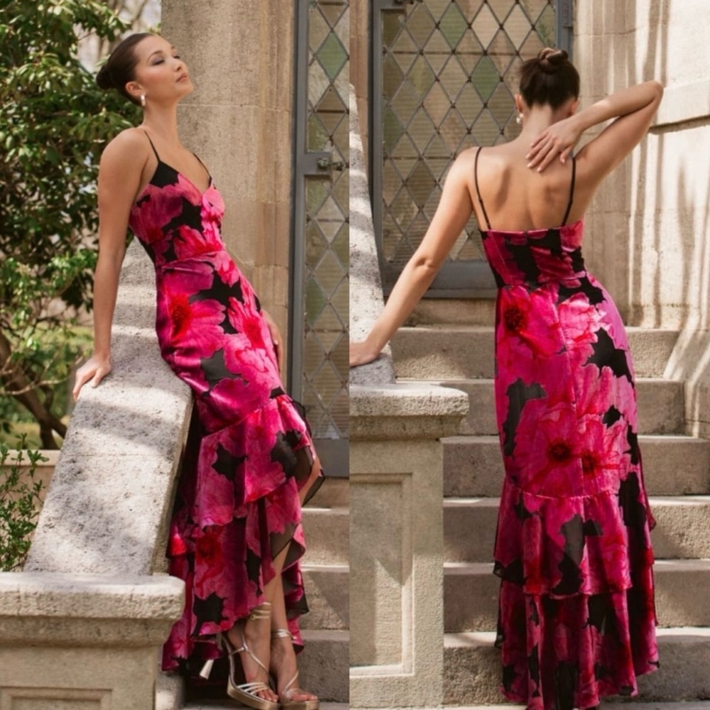 NWOT Sample Hutch Floral Velvet Burnout High-Low Dress Pink Black Estimate Sz. 4 - Picture 2 of 11